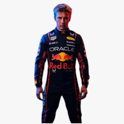 A man wearing a Red Bull Racing team racing suit with Oracle, Honda, and Mobil 1 logos, standing against a plain white background.