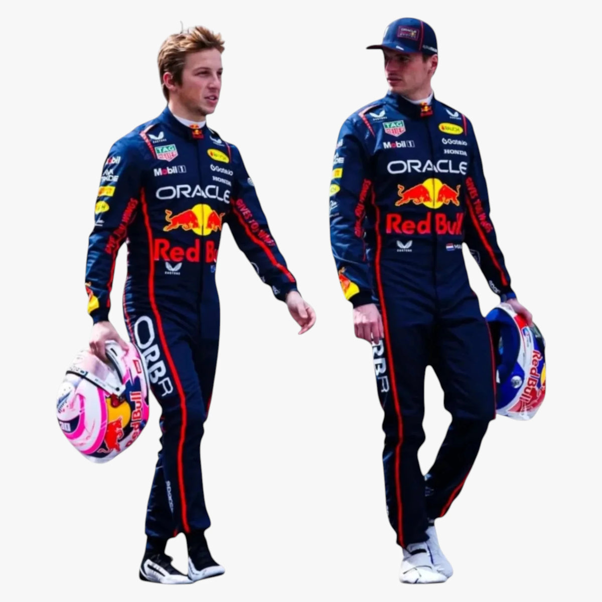 Two men in matching Red Bull Racing team suits pose against a plain white background, one holding a pink and white helmet. The suits are dark navy with prominent red and yellow Oracle Red Bull graphics and sponsor logos.