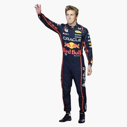A man wearing a full Red Bull Racing team racing suit with sponsor logos, standing and waving his right hand against a plain white background.