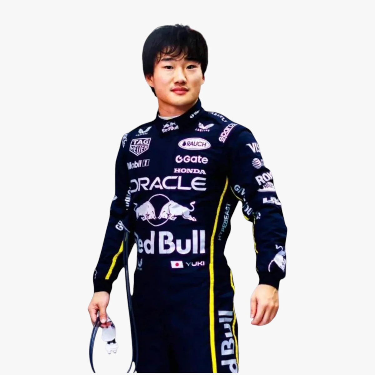 A man wearing a dark navy Red Bull Racing long-sleeve team suit with yellow and white sponsor logos, including Oracle, Honda, and TAG Heuer, standing against a plain white background.