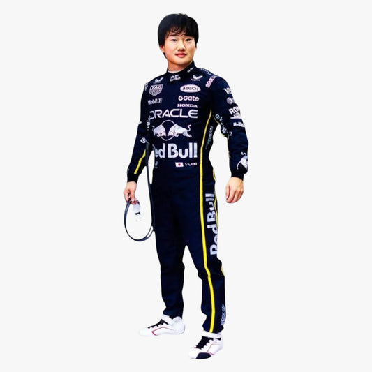 A full-body cutout of a man wearing a Red Bull Racing team racing suit, holding a helmet. The suit is navy blue with yellow side stripes and white sponsor logos, including Oracle, Castor, and Ford.