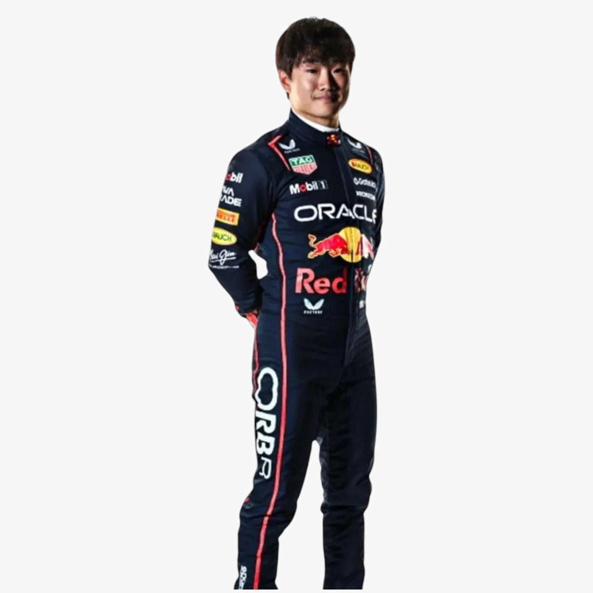 A man wearing a dark navy Red Bull Racing team racing suit with various sponsor logos, including Oracle, Red Bull, Tag Heuer, and Mobil 1, standing against a plain white background.
