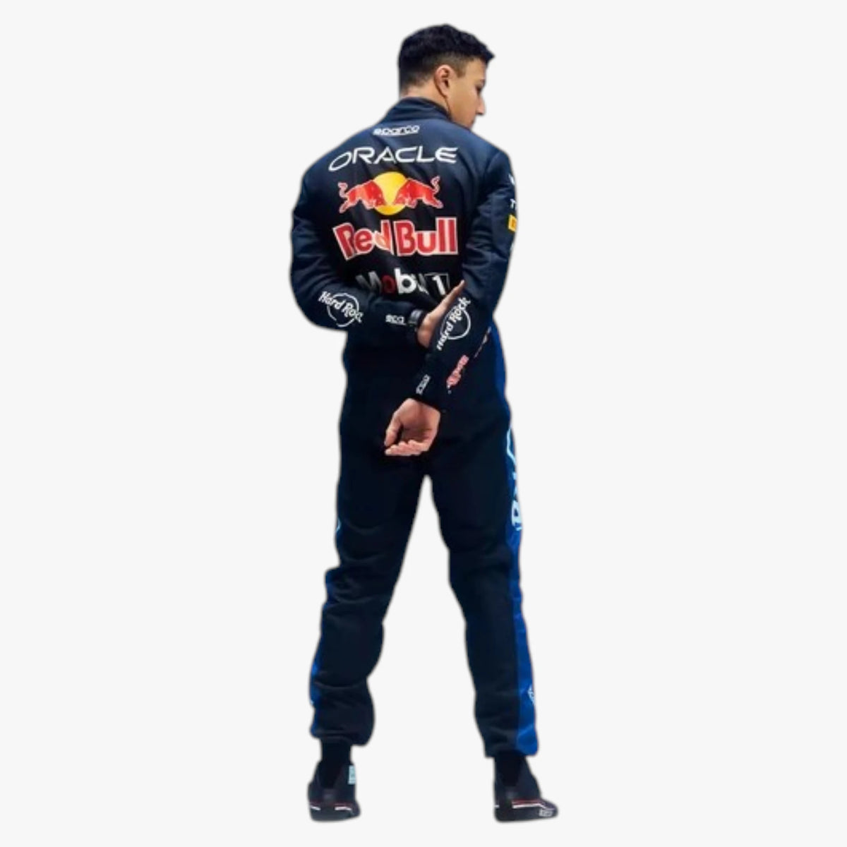 A man wearing a dark navy Oracle Red Bull Racing team jumpsuit, shown from the back against a plain white background.