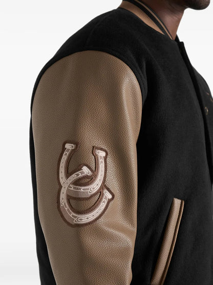 Manière De Voir Varsity Jacket – Black & Brown Leather Sleeve Letterman Jacket