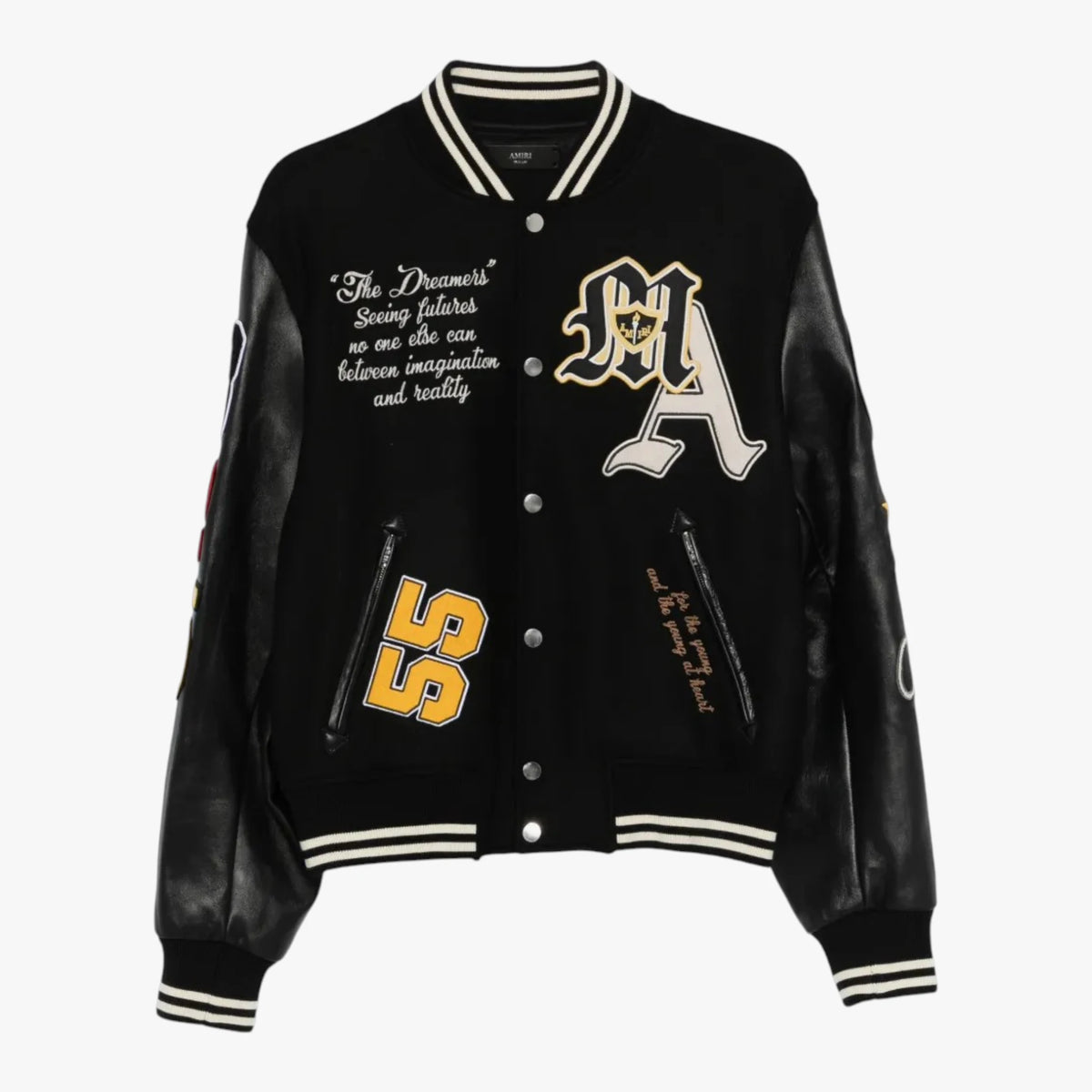 A black varsity-style jacket with black faux-leather sleeves, white striped ribbed collar, cuffs, and hem, featuring gold and white embroidered lettering, a gold number 55, and a quote on the chest.