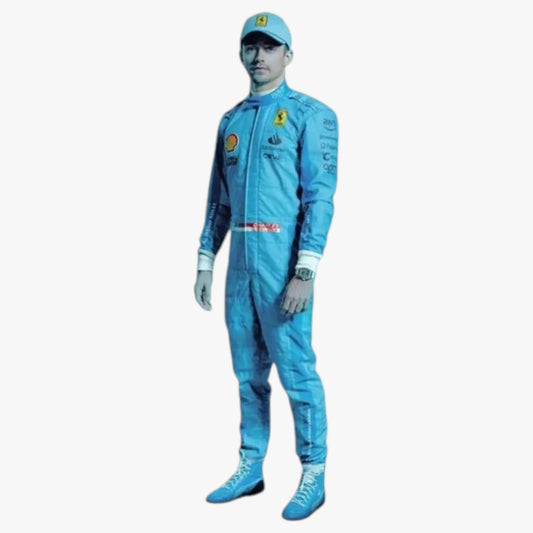 Shop the Charles Leclerc 2024 HP Miami Grand Prix Ferrari F1 Replica Racing Suit. Perfect for Formula 1 fans, collectors and Ferrari supporters.