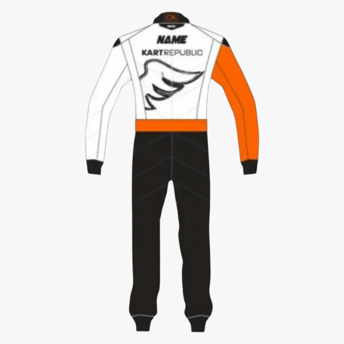 A rear view of a one-piece racing suit with a white upper back, black lower body, and bright orange sleeve accents. The back features a large black wing graphic and the text 'NAME' and 'KARTREPUBLIC'.