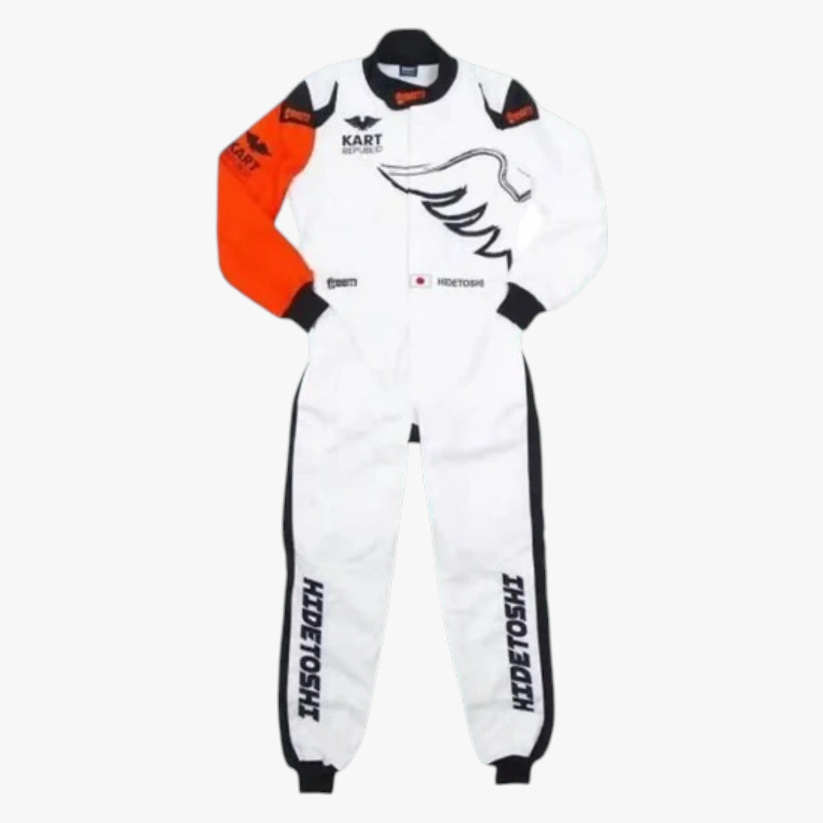 A white full-face racing suit with black and orange accents, featuring sponsor logos including Kart Racing and Hidetoshi on the legs and chest, displayed against a light gray background.
