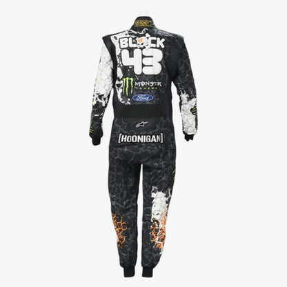 Racing suit shown from the back on a white background, featuring a black and white cracked pattern with orange flame details on the lower legs, and sponsor logos including Monster Energy, Ford, Alpinestars, and Hoonigan.