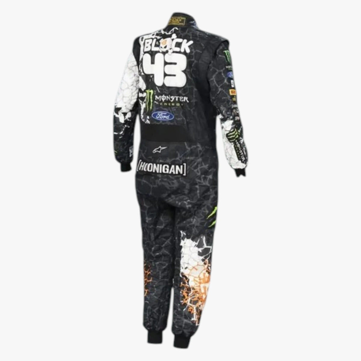 A full-body racing suit shown from the back on a white background. The suit is black with a dark gray marble pattern, featuring large white 'BLOCK 43' text on the back, sponsor logos including Monster Energy and Ford, and orange and white flame-like graphics near the lower legs.