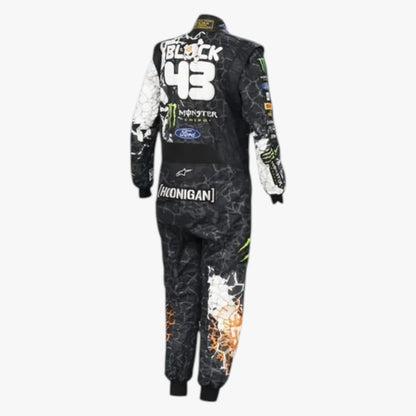 A full-body racing suit shown from the back on a white background. The suit is black with a dark gray marble pattern, featuring large white 'BLOCK 43' text on the back, sponsor logos including Monster Energy and Ford, and orange and white flame-like graphics near the lower legs.
