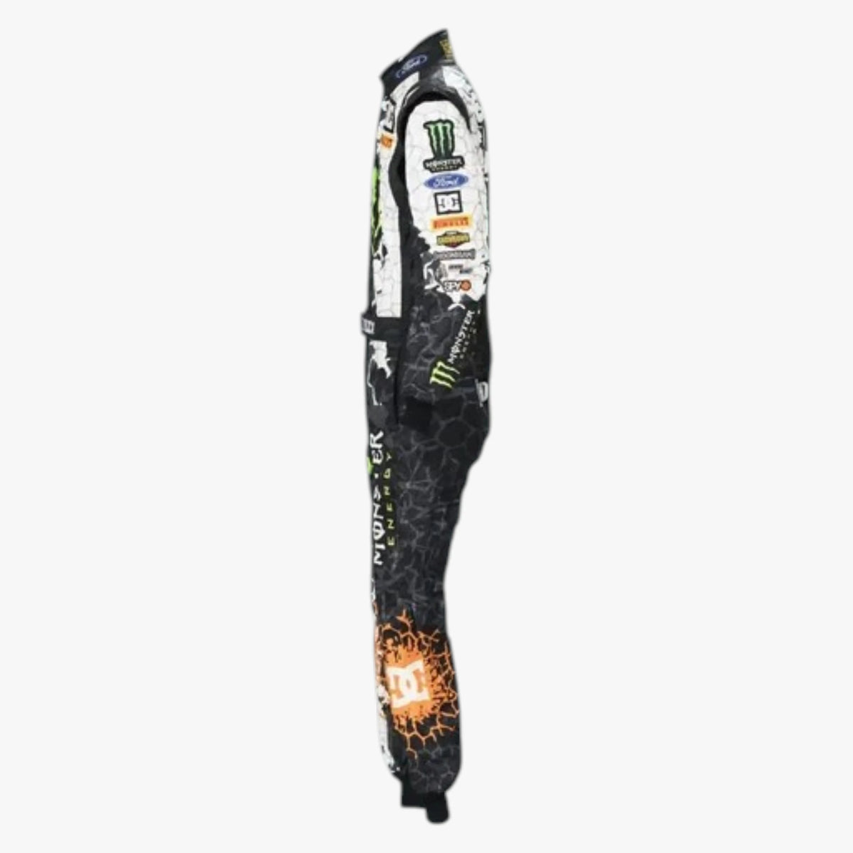 A full-length side view of a Monster Energy NASCAR team racing suit, featuring a black and white textured pattern with green, orange, and white sponsor logos including Monster Energy, Chevrolet, and Denny McLaren.