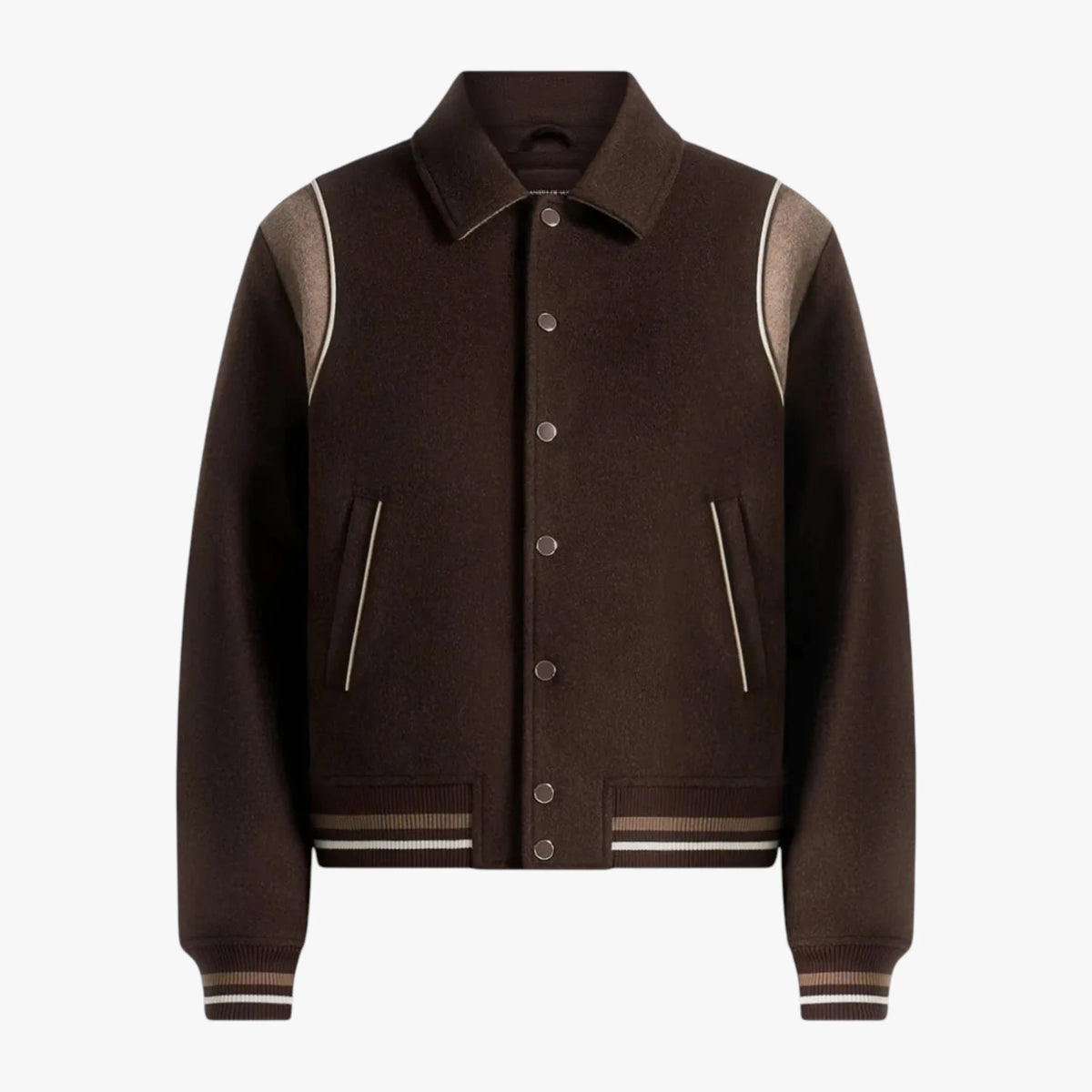 A dark brown varsity-style jacket with contrasting light brown shoulder panels and striped ribbed cuffs, hem, and pocket trim, shown on a plain light gray background.