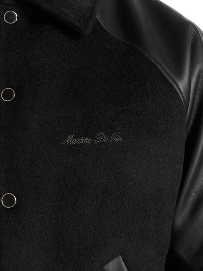 Manière De Voir Olivier Black Wool & Leather Raglan Varsity Jacket