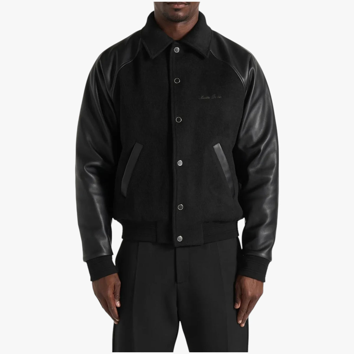 Manière De Voir Olivier Black Wool & Leather Raglan Varsity Jacket