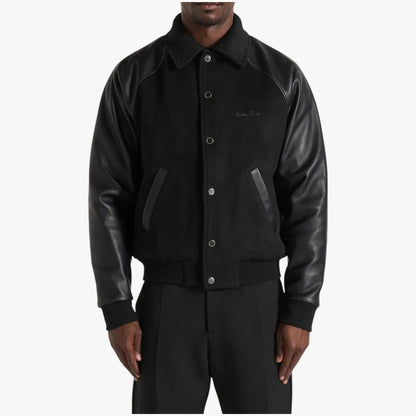 Manière De Voir Olivier Black Wool & Leather Raglan Varsity Jacket