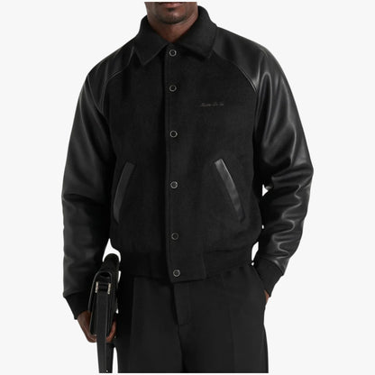 Manière De Voir Olivier Black Wool & Leather Raglan Varsity Jacket