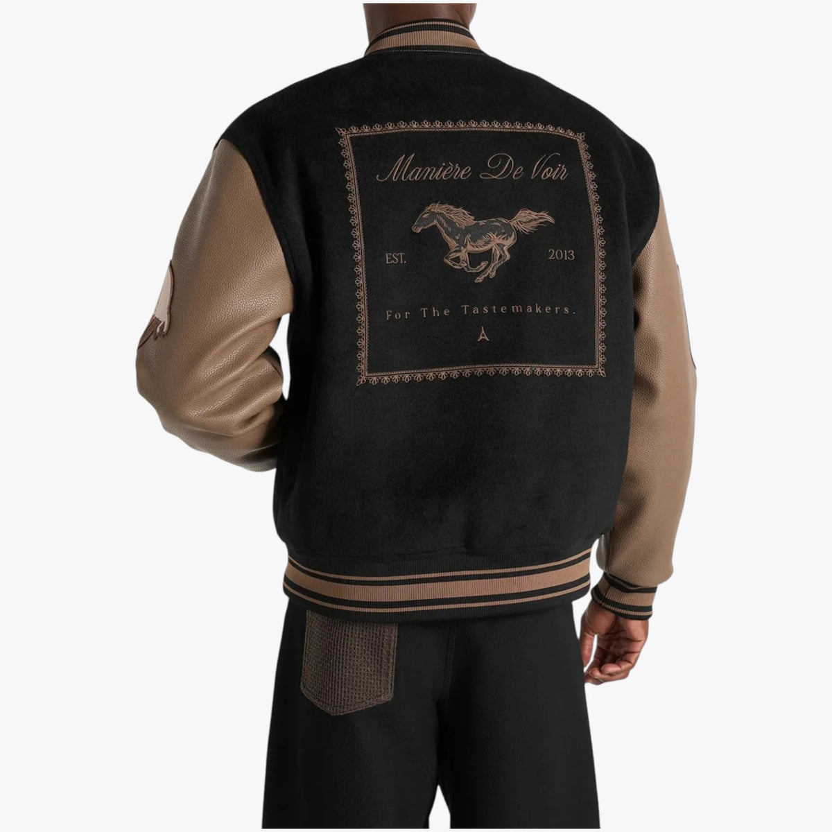 Manière De Voir Varsity Jacket – Black & Brown Leather Sleeve Letterman Jacket