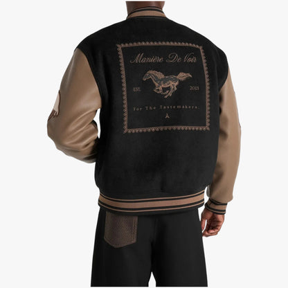 Manière De Voir Varsity Jacket – Black & Brown Leather Sleeve Letterman Jacket