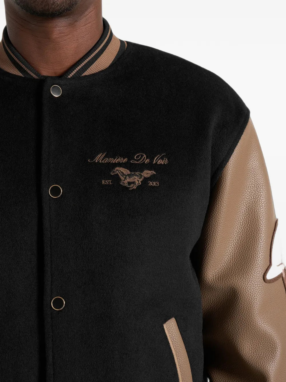 Manière De Voir Varsity Jacket – Black & Brown Leather Sleeve Letterman Jacket