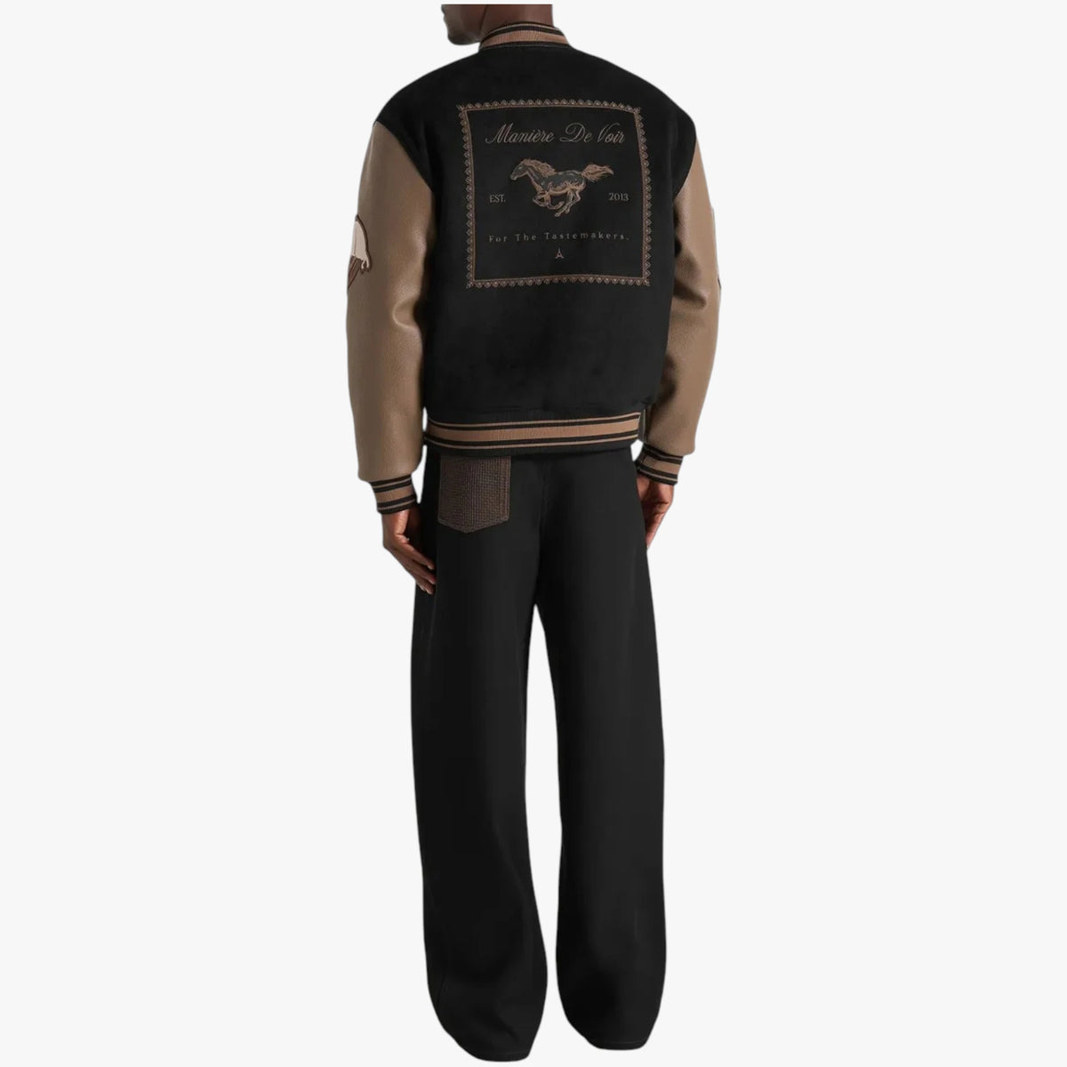Manière De Voir Varsity Jacket – Black & Brown Leather Sleeve Letterman Jacket