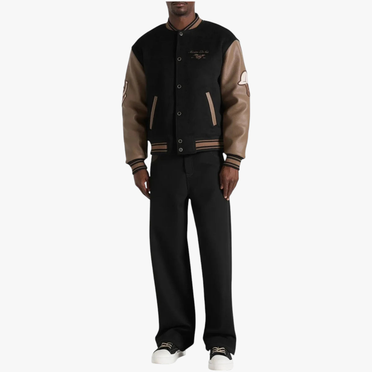 Manière De Voir Varsity Jacket – Black & Brown Leather Sleeve Letterman Jacket