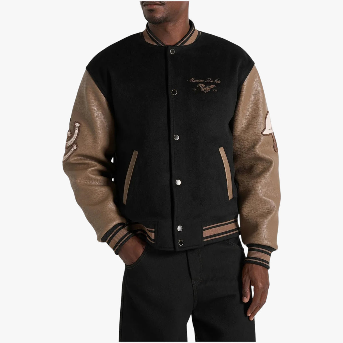 Manière De Voir Varsity Jacket – Black & Brown Leather Sleeve Letterman Jacket