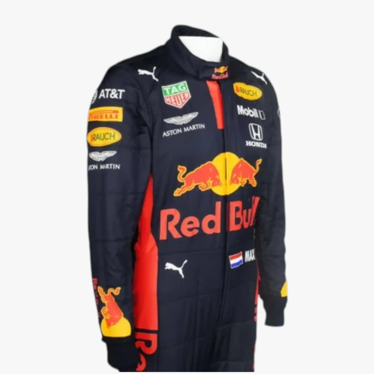 A Red Bull Racing team zip-up racing suit jacket displayed on a white mannequin torso. The suit is dark navy blue with prominent red and yellow accents, featuring sponsor logos such as Red Bull, Puma, TAG Heuer, and Mobil 1.