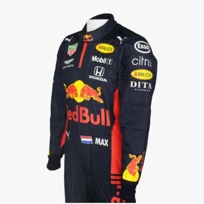 A Red Bull Racing team racing suit displayed on a mannequin against a plain white background. The suit is dark navy blue with prominent red and yellow sponsor logos and team branding, including Red Bull, Mobil 1, Honda, and Puma.