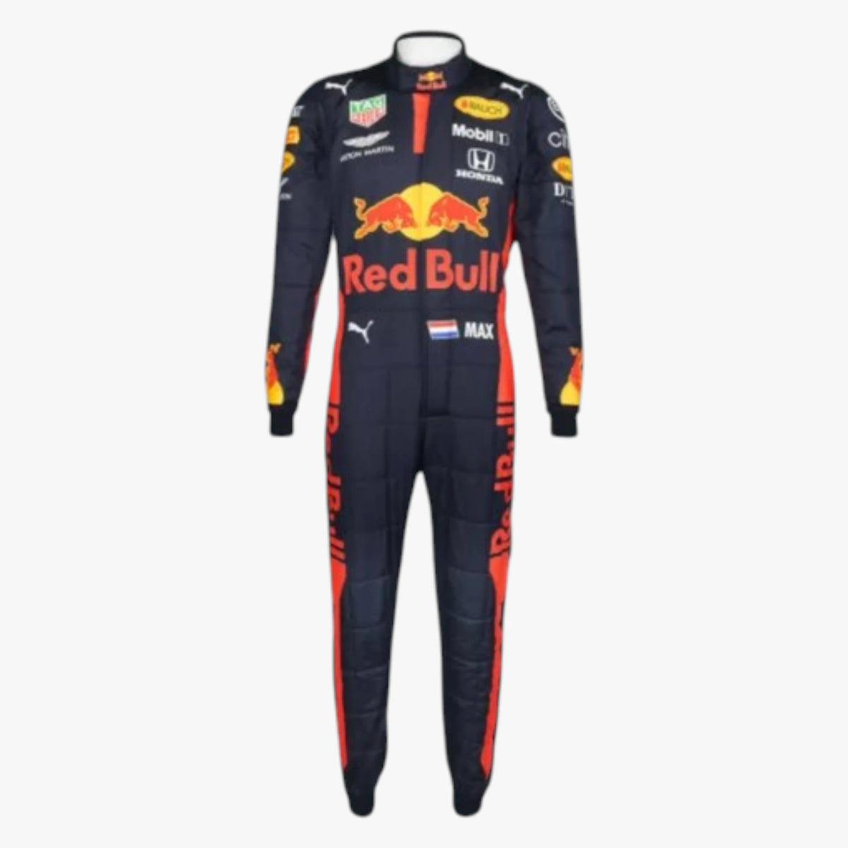 A full-length racing suit displayed on a mannequin against a plain light gray background. The suit is predominantly dark navy blue with prominent red side stripes and a large red, yellow, and white Red Bull logo on the chest, along with multiple sponsor logos.