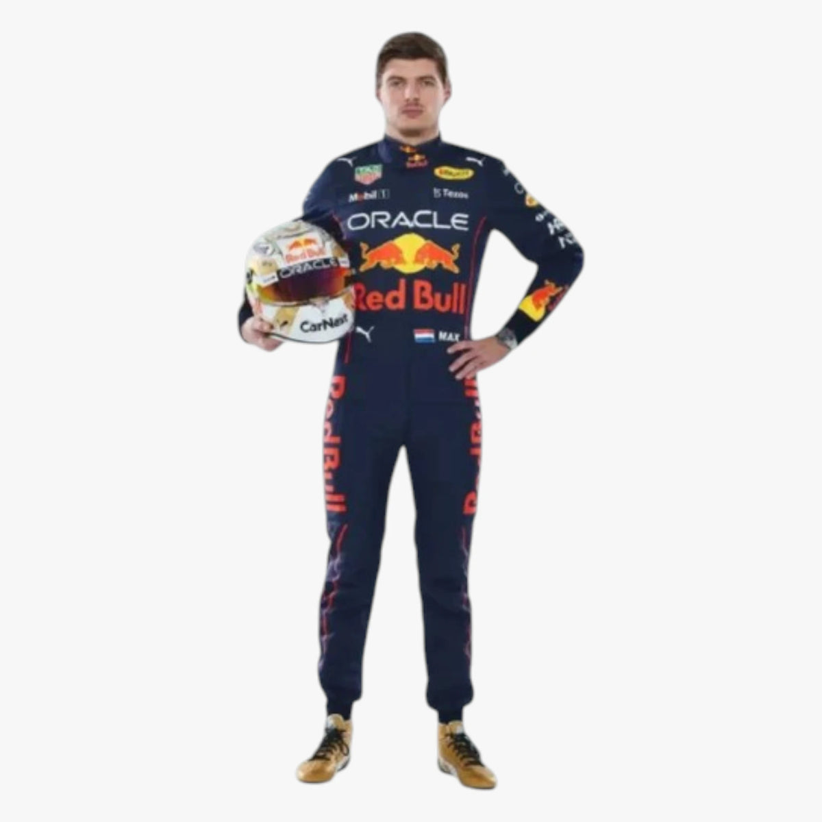 A full-body cutout of a man wearing a Red Bull Racing racing suit and helmet, standing against a plain white background. The suit is dark navy blue with prominent red, yellow, and white sponsor logos, including Oracle and Red Bull.