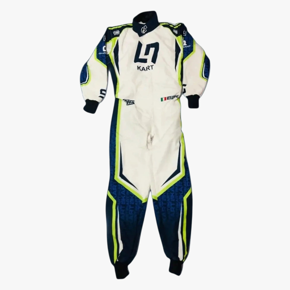 A full-body racing suit with a cream base, navy blue panels, and bright neon yellow-green accents. The suit features the number 7 and the name 'KART' on the chest, along with sponsor logos, and is displayed against a plain white background.