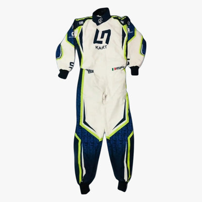 A full-body racing suit with a cream base, navy blue panels, and bright neon yellow-green accents. The suit features the number 7 and the name 'KART' on the chest, along with sponsor logos, and is displayed against a plain white background.