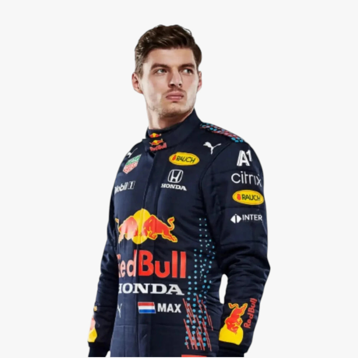 A man wearing a Red Bull Racing team jacket with sponsor logos including Puma, Honda, and Citrix, photographed against a plain light gray background.