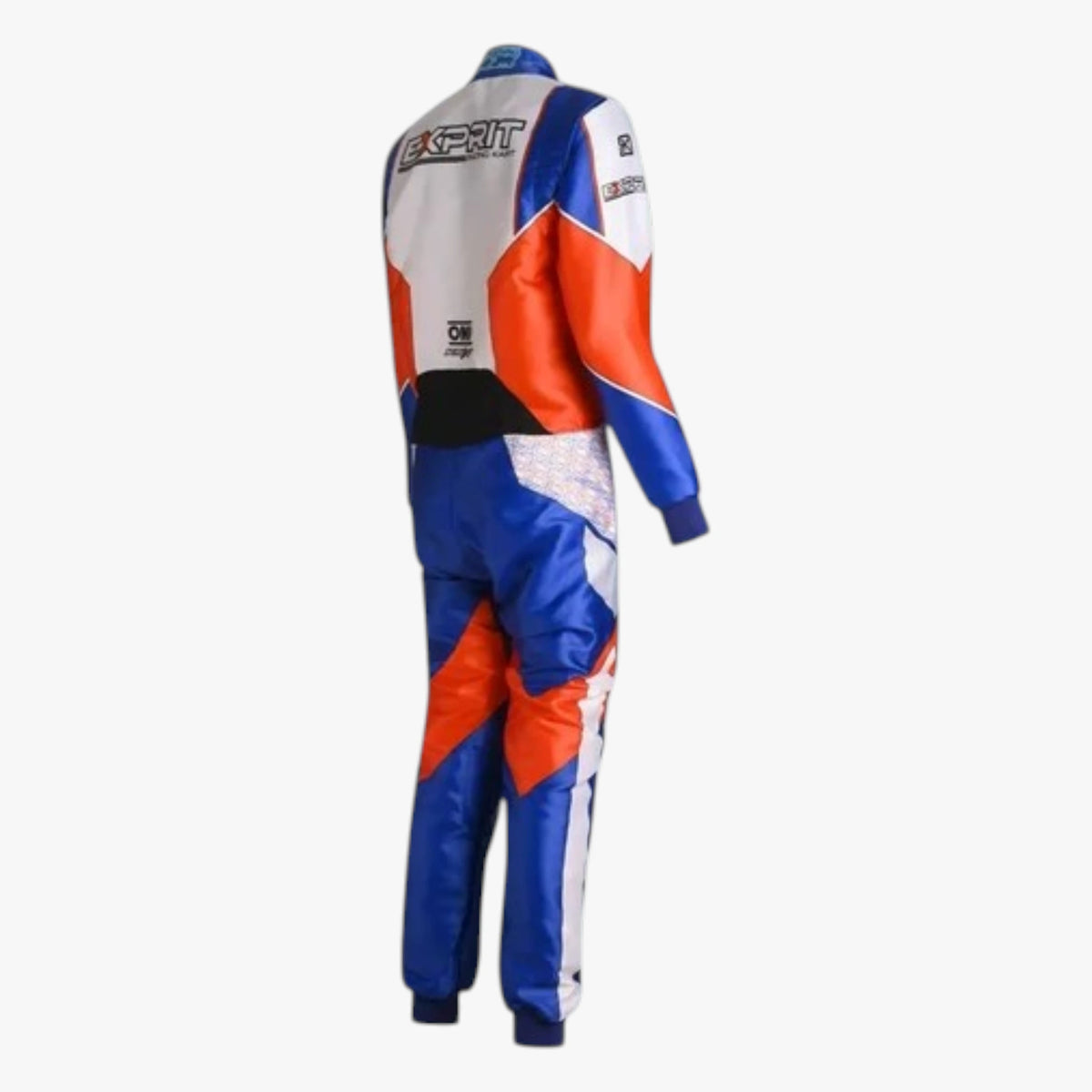 A long-sleeve racing suit shown from the back, featuring a color-blocked design in blue, white, and orange-red. The brand name 'Eskit' is visible on the upper back.