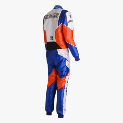 A long-sleeve racing suit shown from the back, featuring a color-blocked design in blue, white, and orange-red. The brand name 'Eskit' is visible on the upper back.
