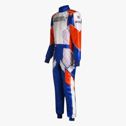 A long-sleeve racing suit with a high collar, featuring a color-blocked design of blue, white, and orange. The suit has 'ERRIT' printed on the chest, 'SOL' on the shoulder, and a patterned diamond design on the torso and upper leg.