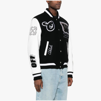 Off-White varsity jacket, Off-White Lea jacket, appliqué varsity jacket, black white varsity