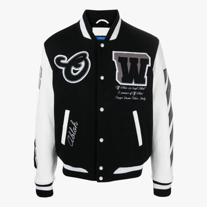 A black and white varsity jacket with white ribbed trim, featuring a large white 'W' patch with embroidered text on the left chest, a white script 'C' patch on the right chest, and white embroidered script on the lower left pocket.