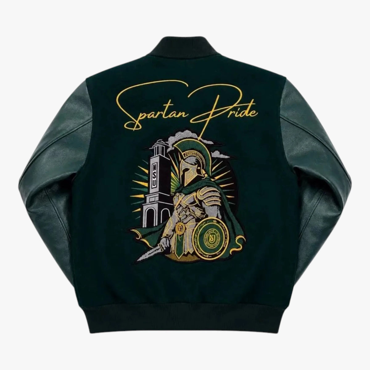Spartan Pride Green & Gold Varsity Bomber Jacket Personalized Letterman Jacket