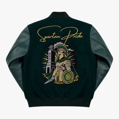 Spartan Pride Green & Gold Varsity Bomber Jacket Personalized Letterman Jacket