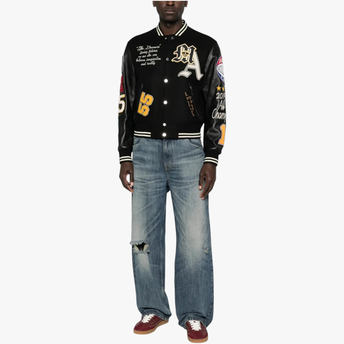 AMIRI Varsity Patch Jacket Black Leather Sleeve Letterman Jacket
