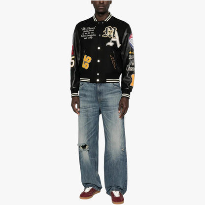 AMIRI Varsity Patch Jacket Black Leather Sleeve Letterman Jacket