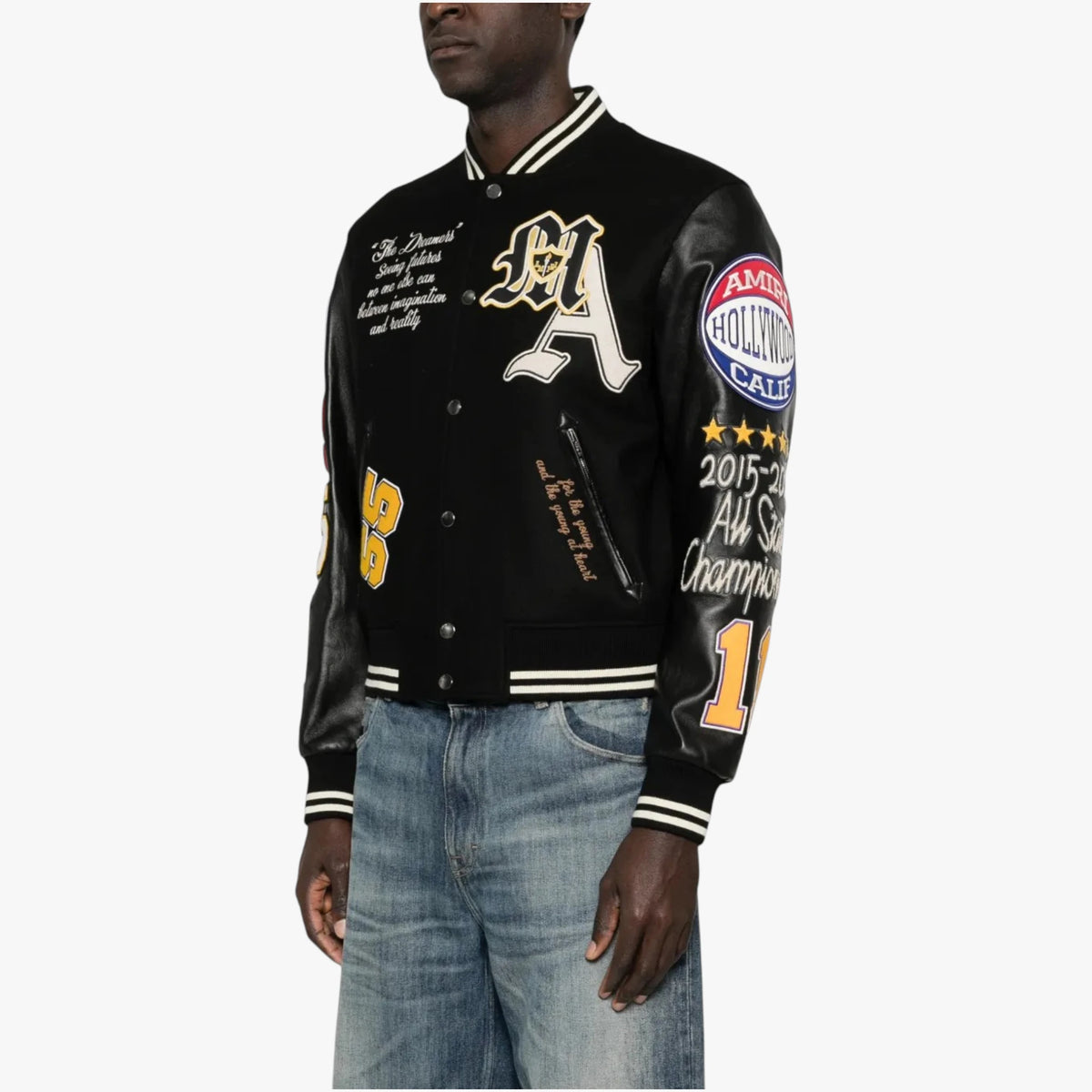 AMIRI Varsity Patch Jacket Black Leather Sleeve Letterman Jacket