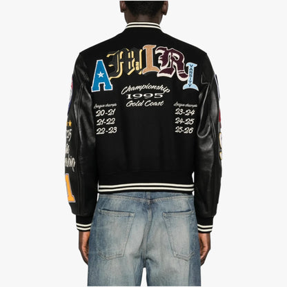 AMIRI Varsity Patch Jacket Black Leather Sleeve Letterman Jacket