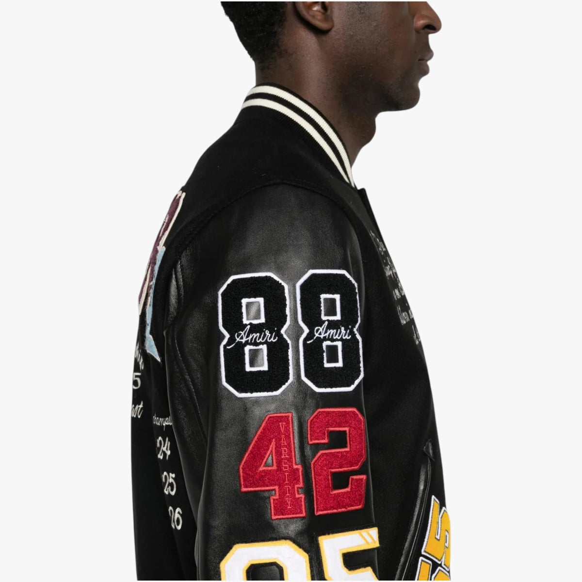 AMIRI Varsity Patch Jacket Black Leather Sleeve Letterman Jacket