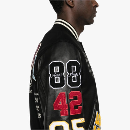 AMIRI Varsity Patch Jacket Black Leather Sleeve Letterman Jacket