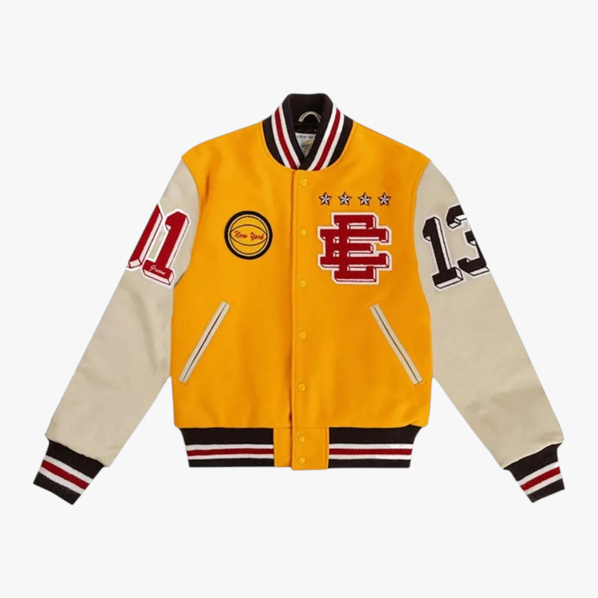 ERIC EMANUEL Yellow New York Varsity Jacket Patch Letterman Bomber