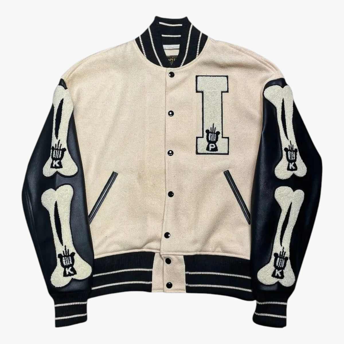 AMIRI Varsity Jacket Cream & Black Leather Sleeve Patch Jacket