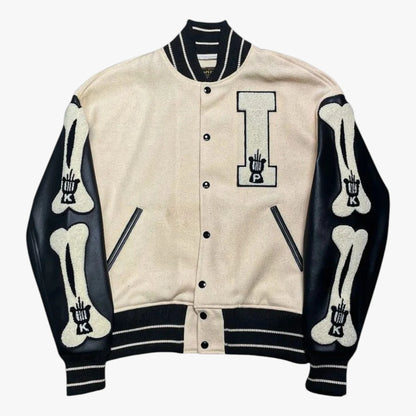 AMIRI Varsity Jacket Cream & Black Leather Sleeve Patch Jacket